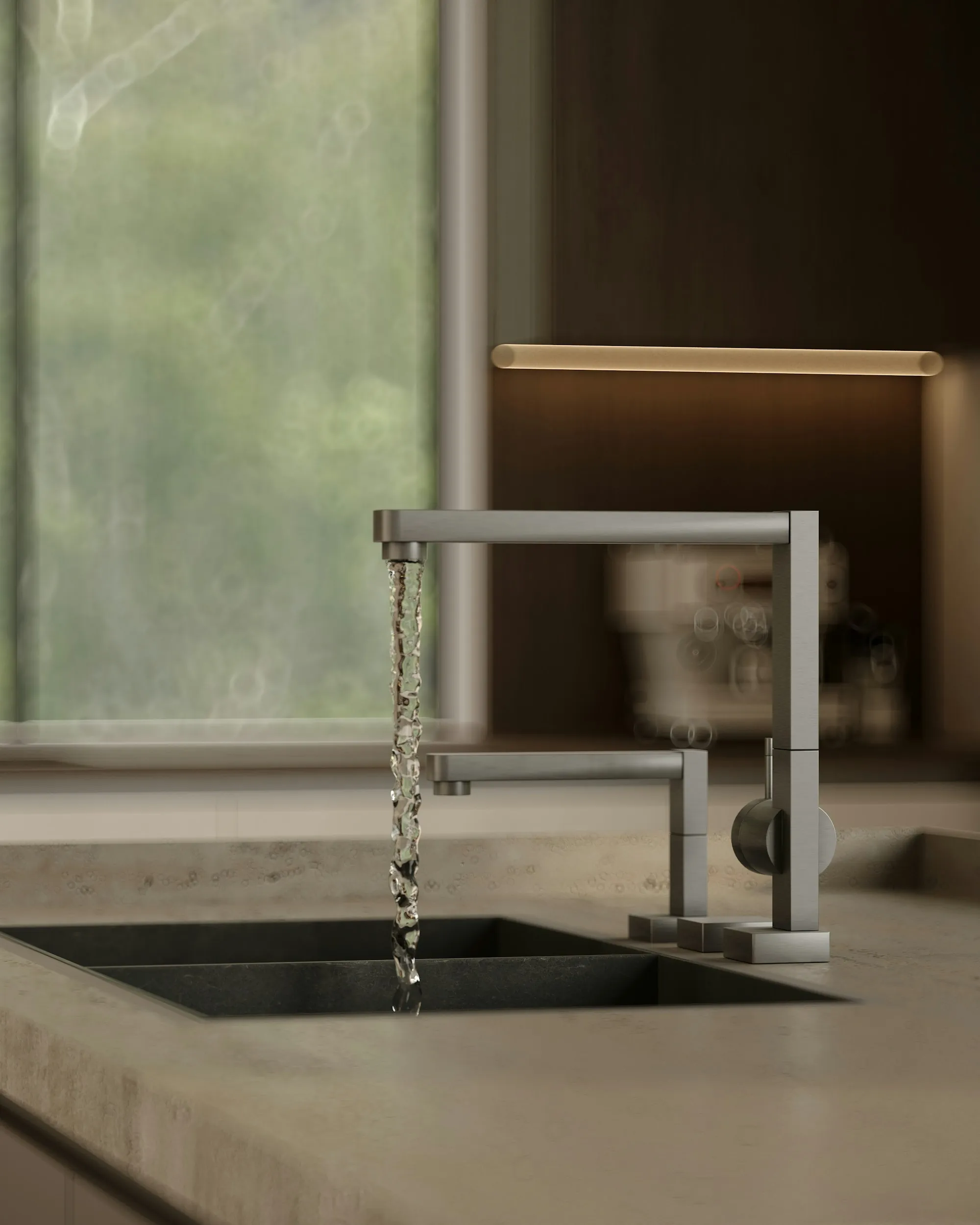 Water Filtration in Santa Ana, CA, Built Around Your Water Modern kitchen faucet with water flowing into a double sink